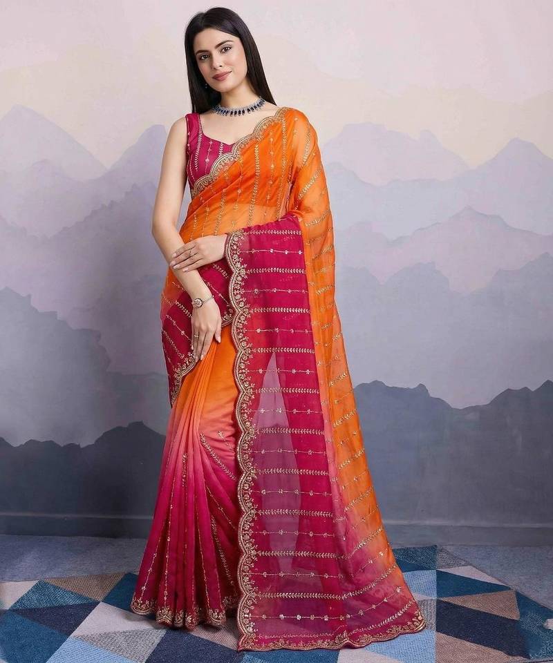 orange satin silk blend sequin embroidered saree with blouse