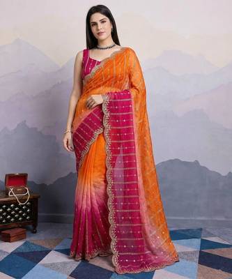 orange satin silk blend sequin embroidered saree with blouse 2