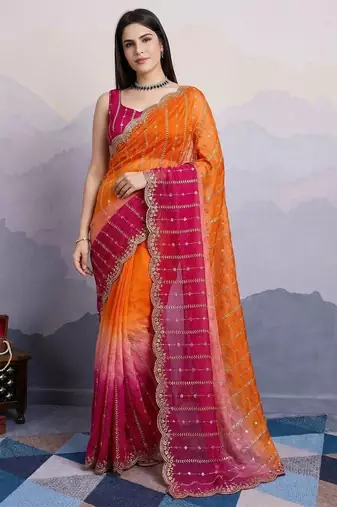 orange satin silk blend sequin embroidered saree with blouse