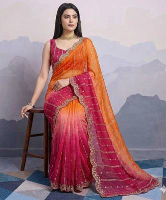 orange satin silk blend sequin embroidered saree with blouse 3