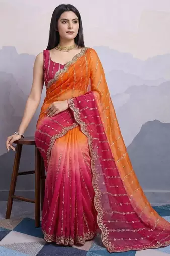 orange satin silk blend sequin embroidered saree with blouse