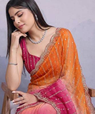 orange satin silk blend sequin embroidered saree with blouse 4