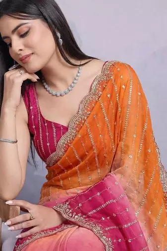orange satin silk blend sequin embroidered saree with blouse