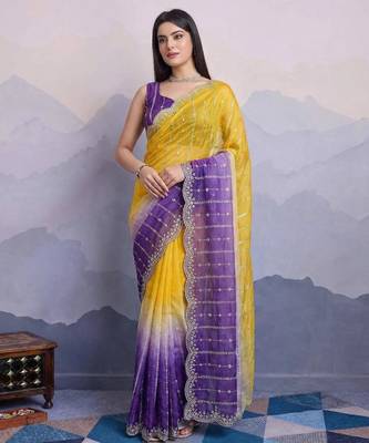 yellow satin silk blend sequin embroidered saree with blouse 1