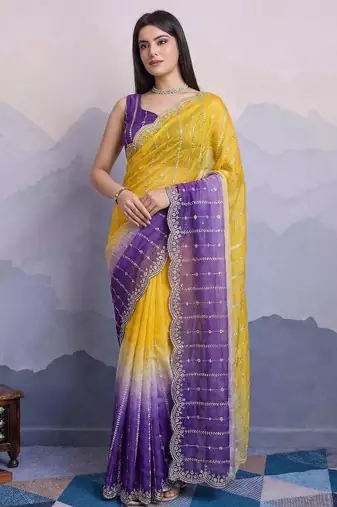 yellow satin silk blend sequin embroidered saree with blouse