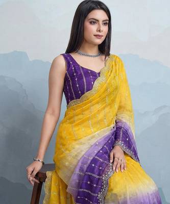 yellow satin silk blend sequin embroidered saree with blouse 2