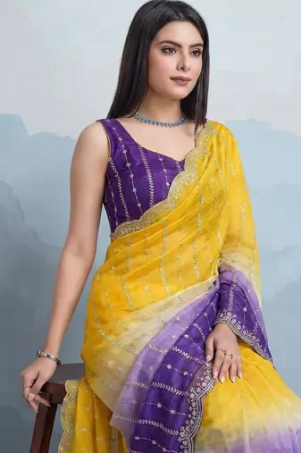 yellow satin silk blend sequin embroidered saree with blouse