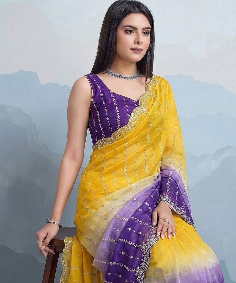 yellow satin silk blend sequin embroidered saree with blouse