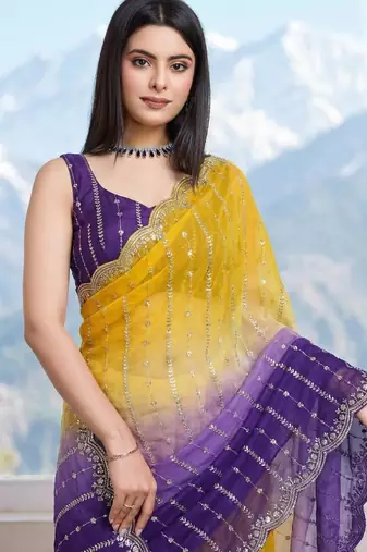 yellow satin silk blend sequin embroidered saree with blouse