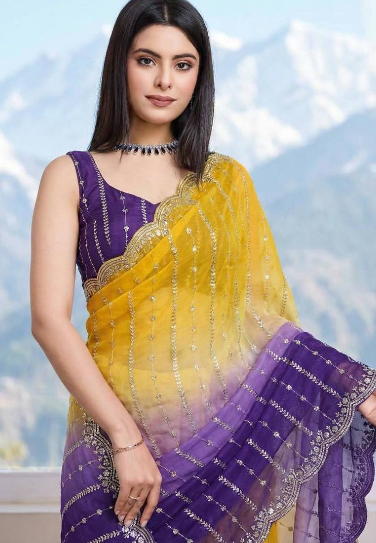 yellow satin silk blend sequin embroidered saree with blouse