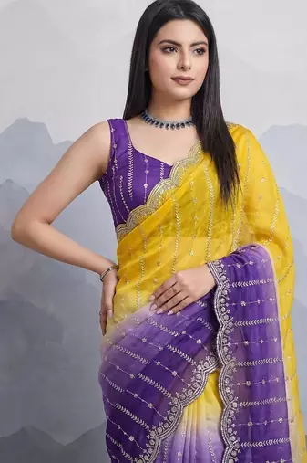 yellow satin silk blend sequin embroidered saree with blouse