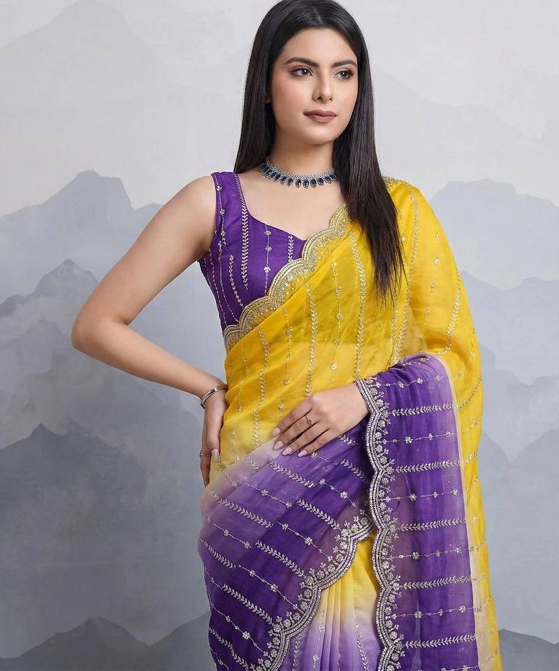 yellow satin silk blend sequin embroidered saree with blouse
