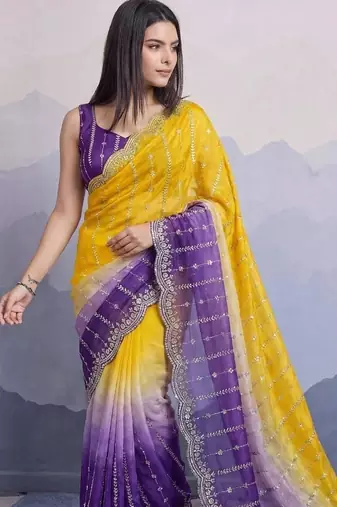yellow satin silk blend sequin embroidered saree with blouse