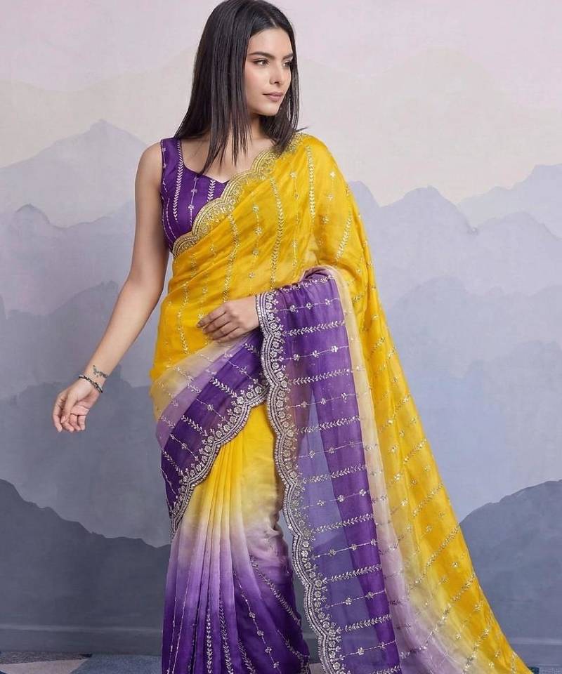 yellow satin silk blend sequin embroidered saree with blouse