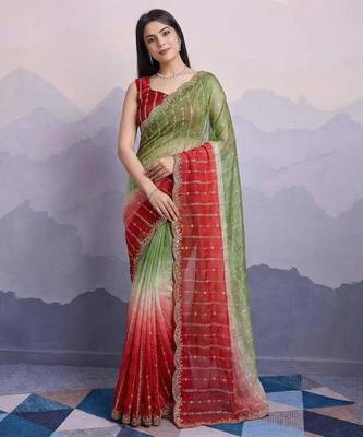 mehendi green satin silk blend sequin embroidered saree with blouse 1
