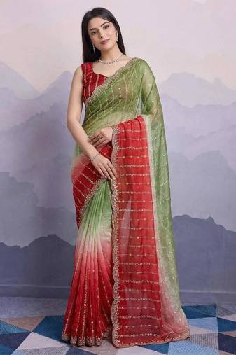 mehendi green satin silk blend sequin embroidered saree with blouse