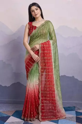 mehendi green satin silk blend sequin embroidered saree with blouse