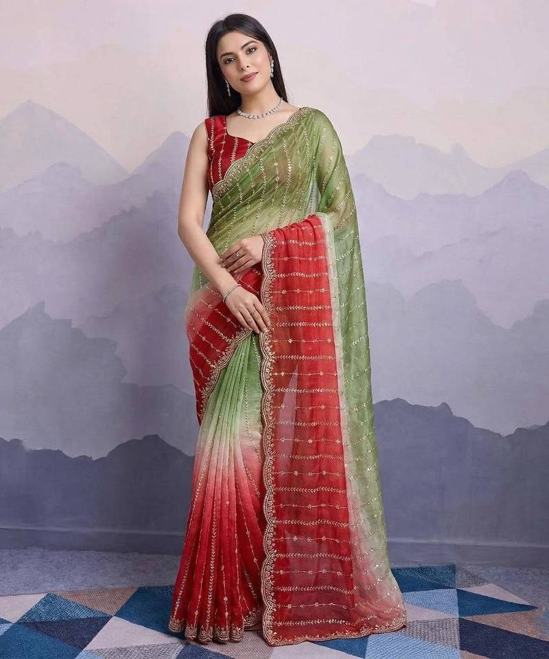 mehendi green satin silk blend sequin embroidered saree with blouse