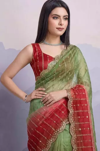 mehendi green satin silk blend sequin embroidered saree with blouse