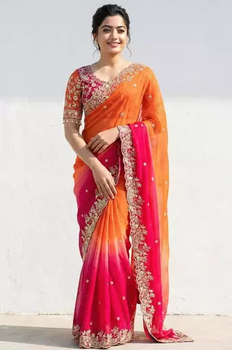 orange-pink-rani satin silk blend multi sequin embroidered saree