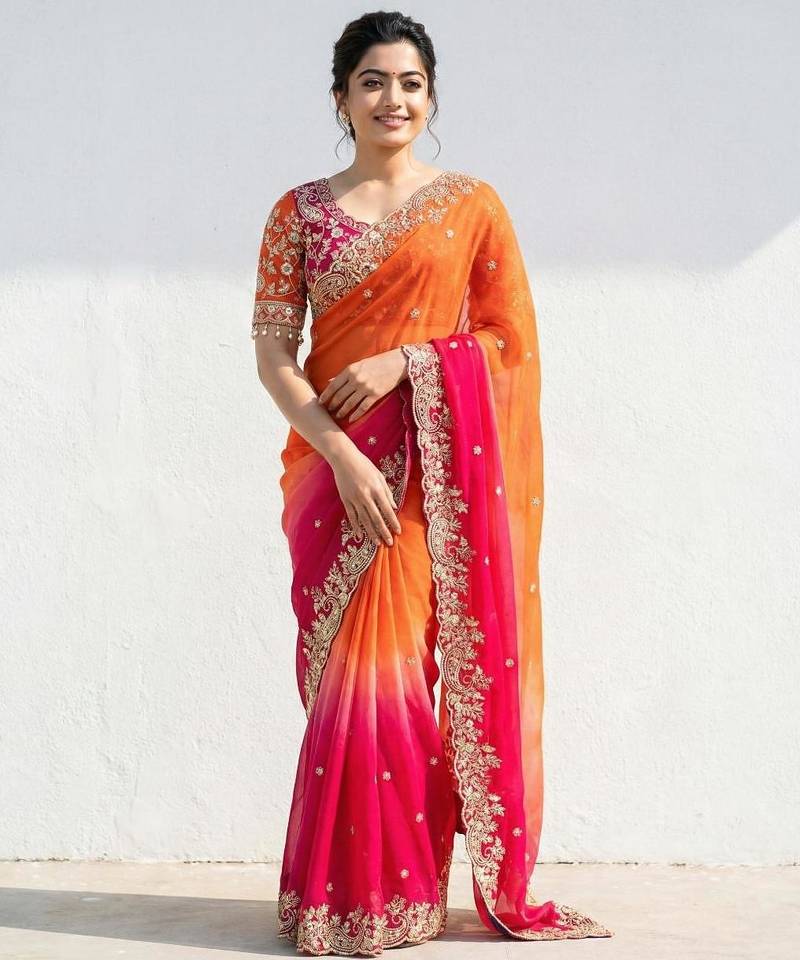 orange-pink-rani satin silk blend multi sequin embroidered saree