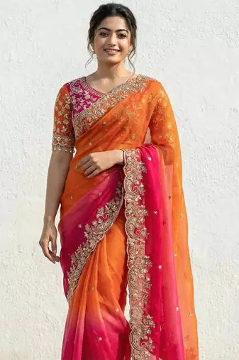 orange-pink-rani satin silk blend multi sequin embroidered saree