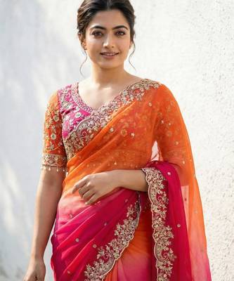 orange-pink-rani satin silk blend multi sequin embroidered saree 3