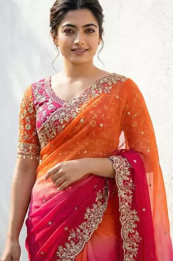 orange-pink-rani satin silk blend multi sequin embroidered saree