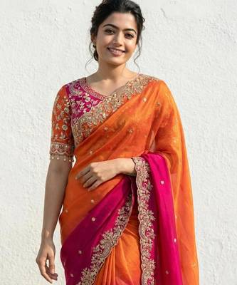 orange-pink-rani satin silk blend multi sequin embroidered saree 4
