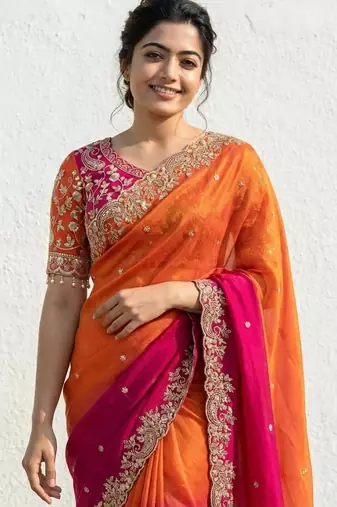 orange-pink-rani satin silk blend multi sequin embroidered saree