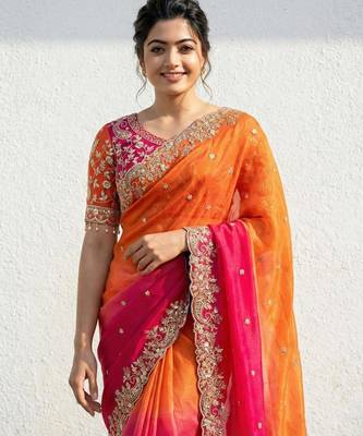 orange-pink-rani satin silk blend multi sequin embroidered saree 5