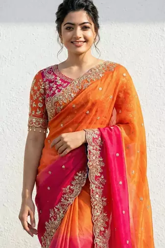 orange-pink-rani satin silk blend multi sequin embroidered saree