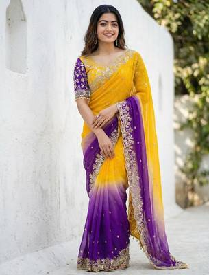 yellow- blue satin silk blend multi sequin embroidered saree 1
