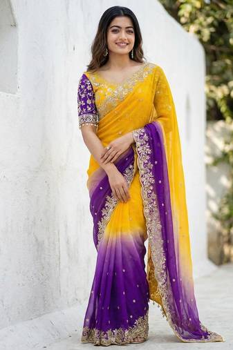 yellow- blue satin silk blend multi sequin embroidered saree