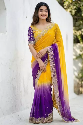 yellow- blue satin silk blend multi sequin embroidered saree