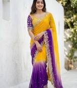 yellow- blue satin silk blend multi sequin embroidered saree
