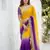 yellow- blue satin silk blend multi sequin embroidered saree