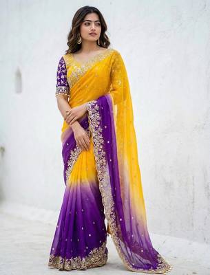 yellow- blue satin silk blend multi sequin embroidered saree 2