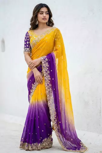 yellow- blue satin silk blend multi sequin embroidered saree