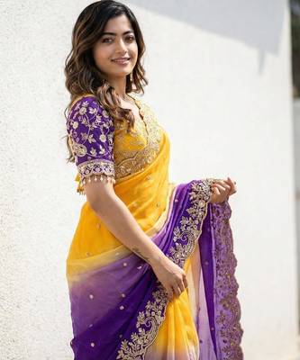 yellow- blue satin silk blend multi sequin embroidered saree 3