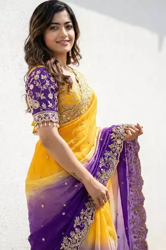 yellow- blue satin silk blend multi sequin embroidered saree