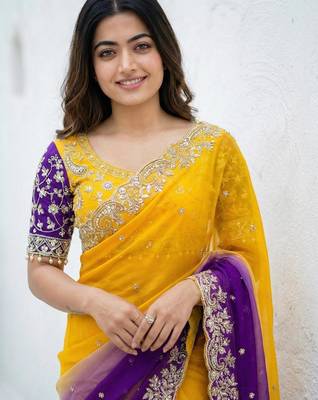 yellow- blue satin silk blend multi sequin embroidered saree 4