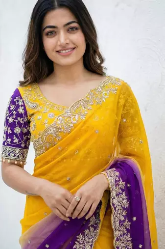 yellow- blue satin silk blend multi sequin embroidered saree