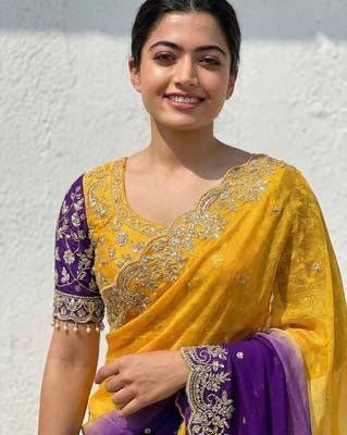 yellow- blue satin silk blend multi sequin embroidered saree 5