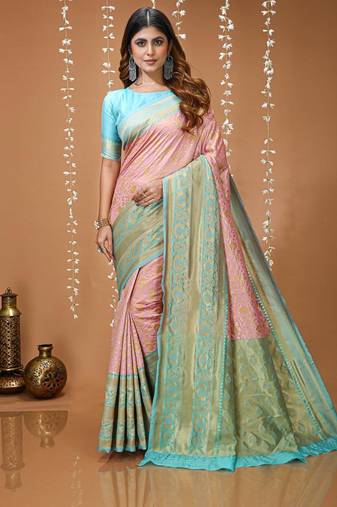 light pink silk blend zari woven saree