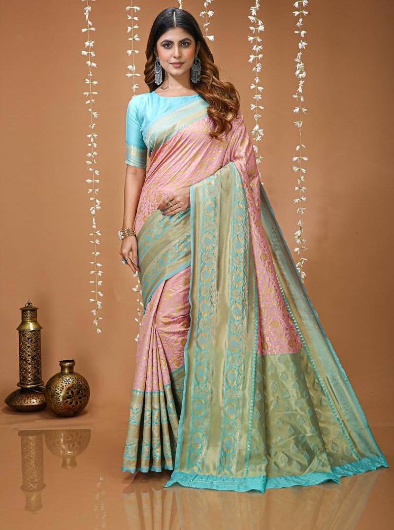 light pink silk blend zari woven saree