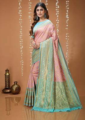 light pink silk blend zari woven saree 2