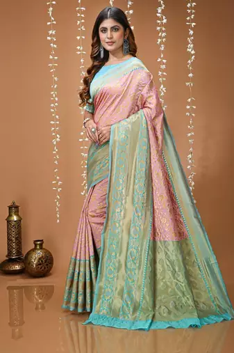light pink silk blend zari woven saree
