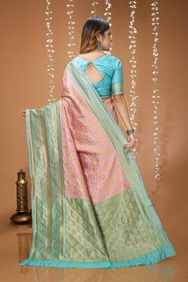light pink silk blend zari woven saree 3