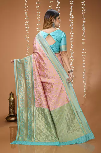 light pink silk blend zari woven saree